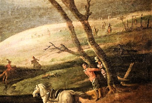 "Assault on the village with clash between knights"